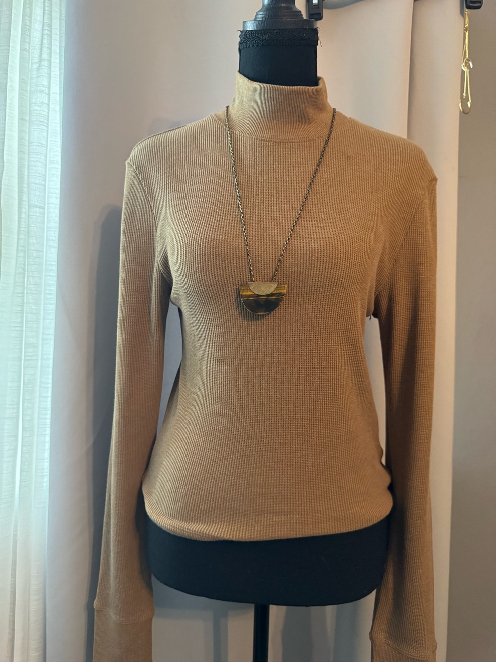 American Eagle Outfitters Camel Ribbed Mock Neck Long Sleeve Top